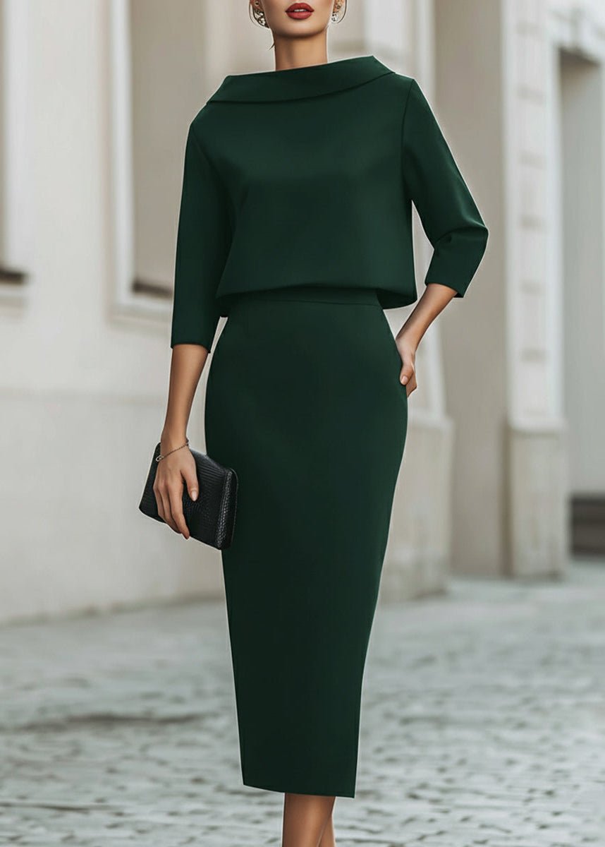 Evelyn | Two Piece Crepe Set Boat Neck Top and Midi Skirt 9