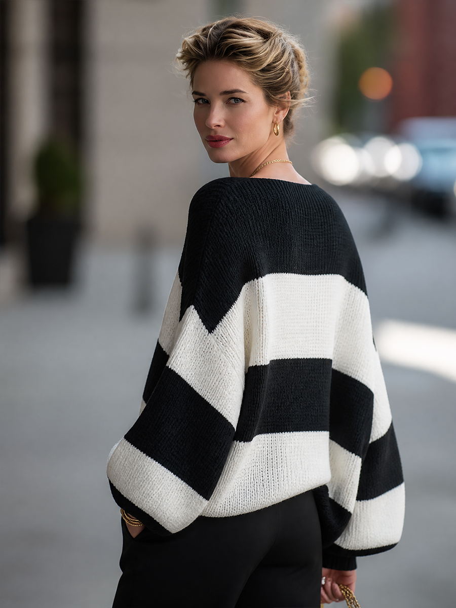 Off-Shoulder Striped Chunky Knit Oversized Sweater 4