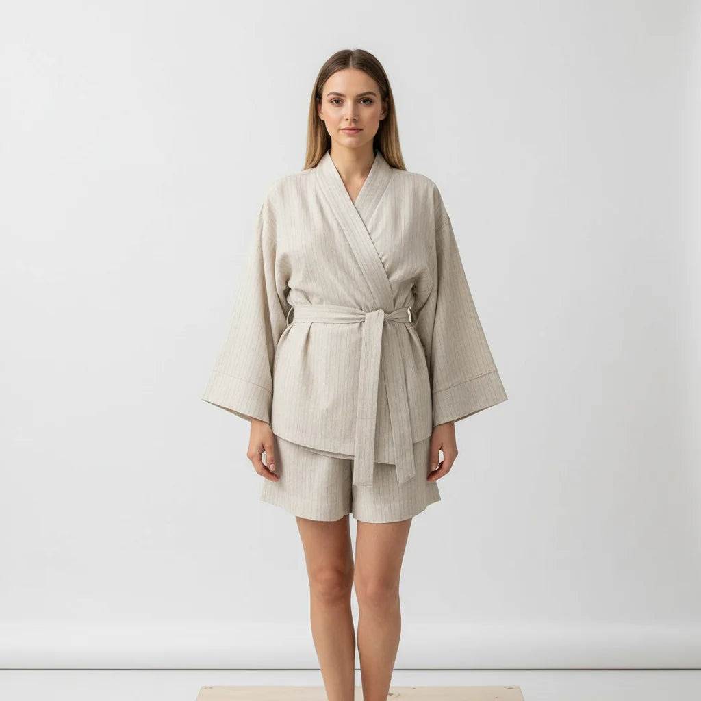 Belted Kimono Lounge Set | Women's Soft Loungewear Shorts 2