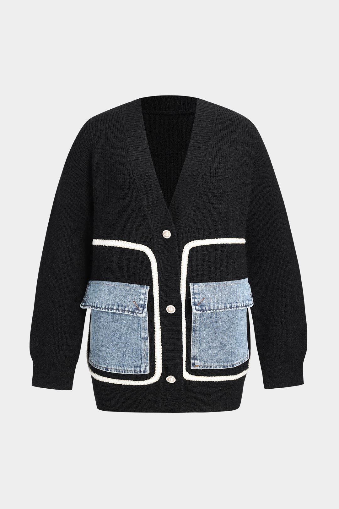 Ella Noir Knitted Cardigan with Denim Pockets for Women 0