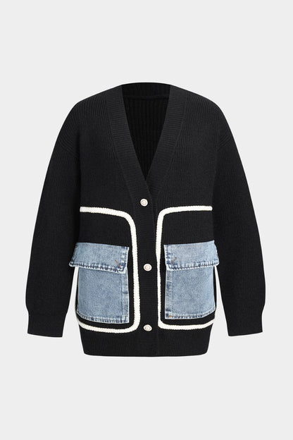 Ella Noir Knitted Cardigan with Denim Pockets for Women 0