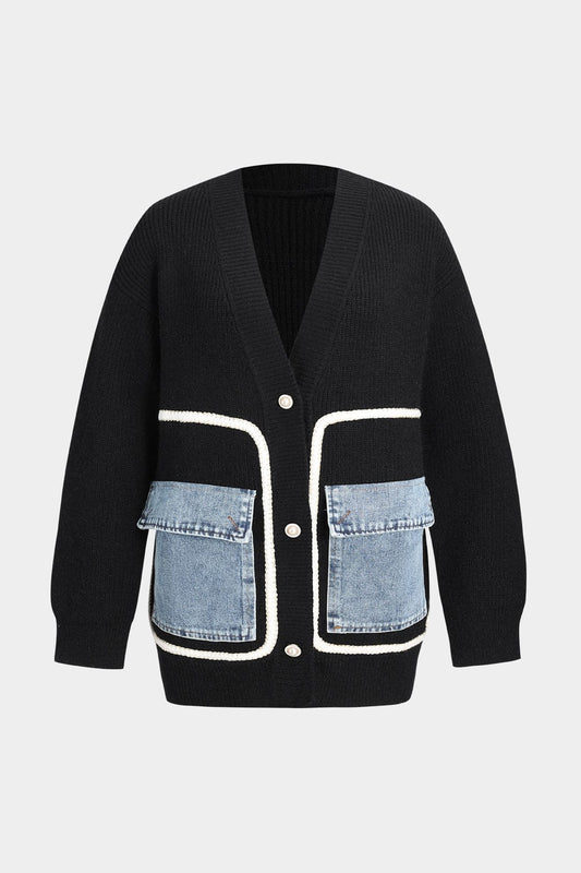 Ella Noir Knitted Cardigan with Denim Pockets for Women 0