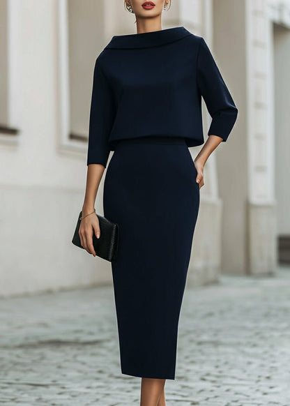 Evelyn | Two Piece Crepe Set Boat Neck Top and Midi Skirt 2
