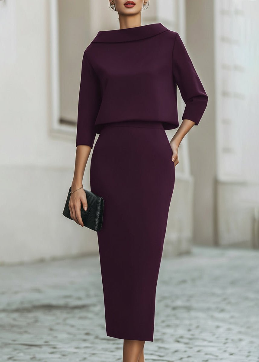 Evelyn | Two Piece Crepe Set Boat Neck Top and Midi Skirt 5