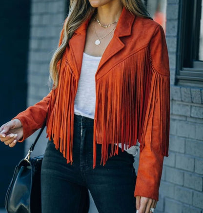 Evelyn | Women's Cropped Suede Fringe Moto Jacket 0