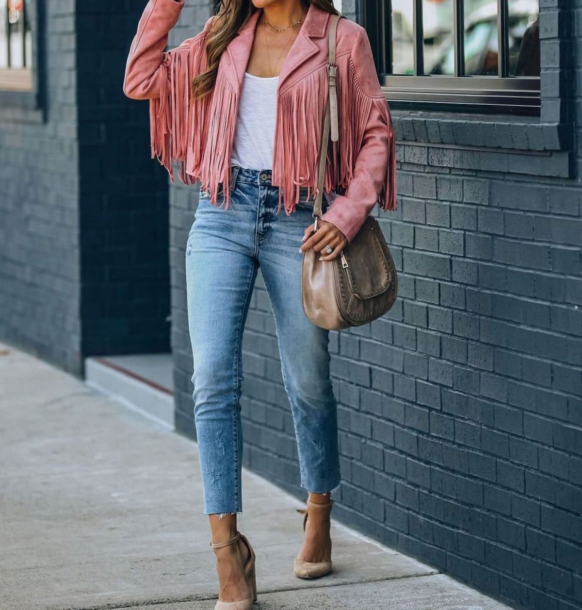 Evelyn | Women's Cropped Suede Fringe Moto Jacket 2