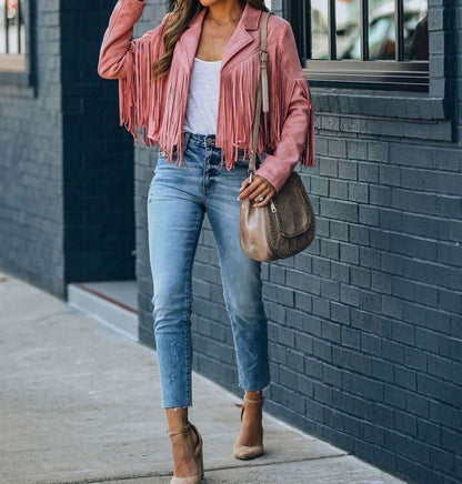 Evelyn | Women's Cropped Suede Fringe Moto Jacket 2