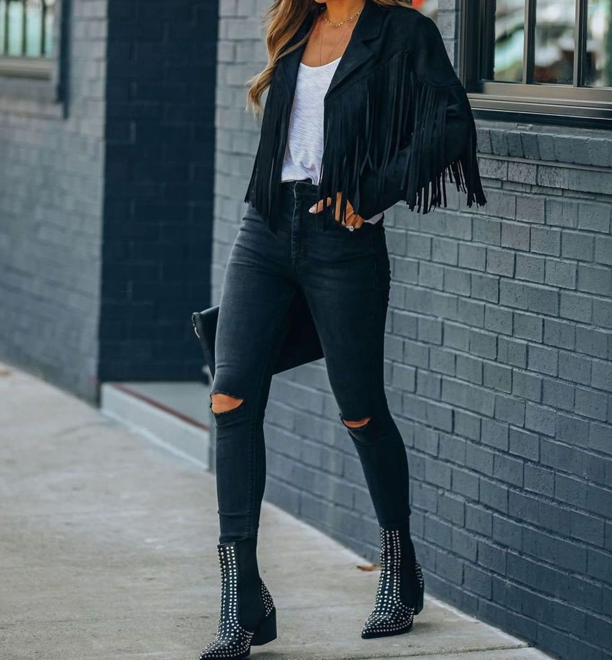 Evelyn | Women's Cropped Suede Fringe Moto Jacket 3