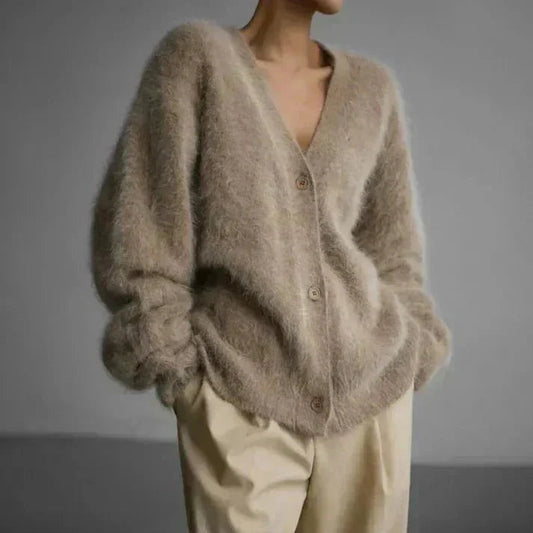 Fluffy V-Neck Cardigan | Women's Soft Button-Up Knit Sweater 0