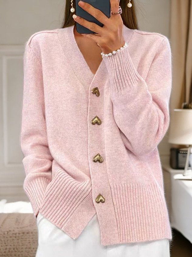 Heart-Button V-Neck Cardigan | Women’s Soft Knit Sweater 1