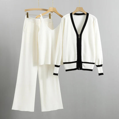Knitted 3 Piece Set | Wide-Leg Pants Sleeveless Top Cardigan 3