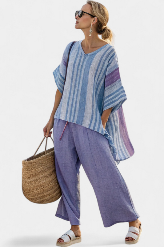 Lavender & Sky Blue Linen Set | Top and Wide-Leg Pants 0