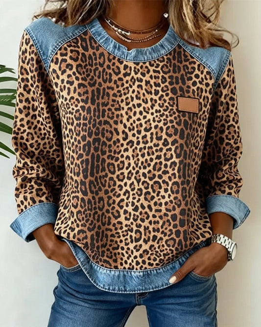 Leopard Print Denim Patchwork | Women's Sweater 0