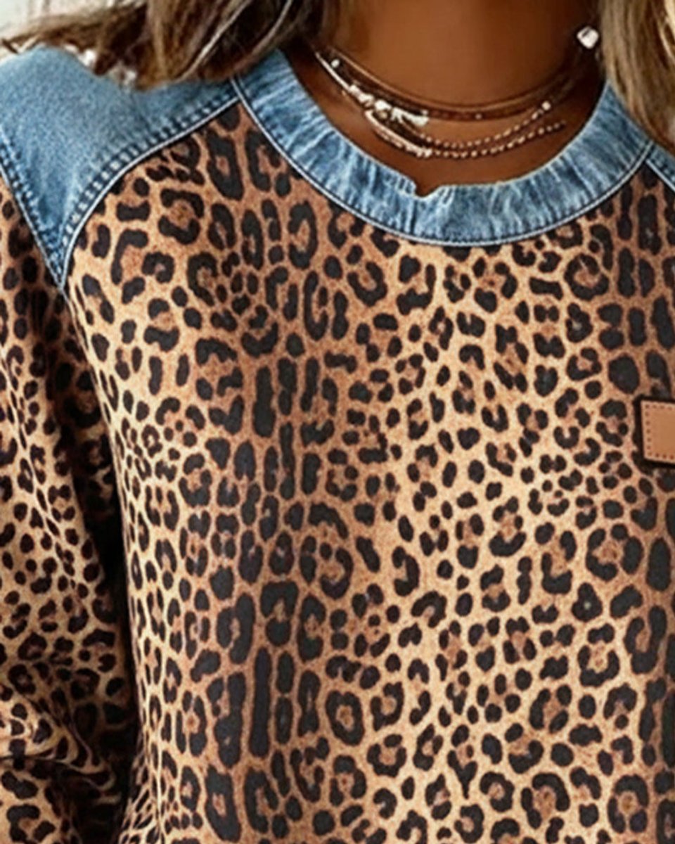 Leopard Print Denim Patchwork | Women's Sweater 1