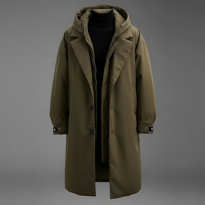 Men's Waterproof Puffer Trench Coat | Long Hooded Jacket 0