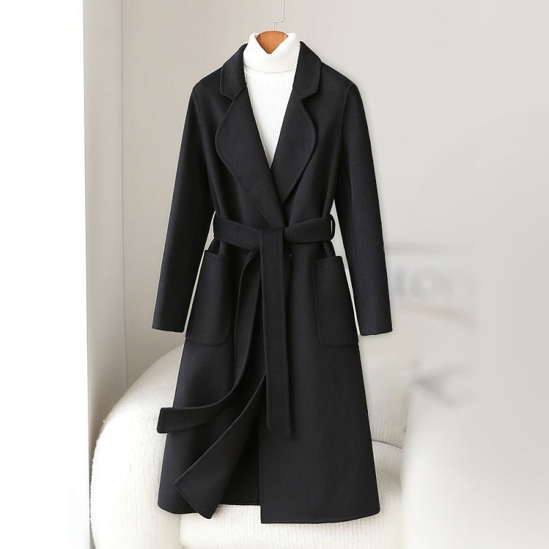 Monochrome Wool Blend Coat with Waist Belt 1