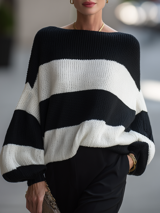 Off-Shoulder Striped Chunky Knit Oversized Sweater 0