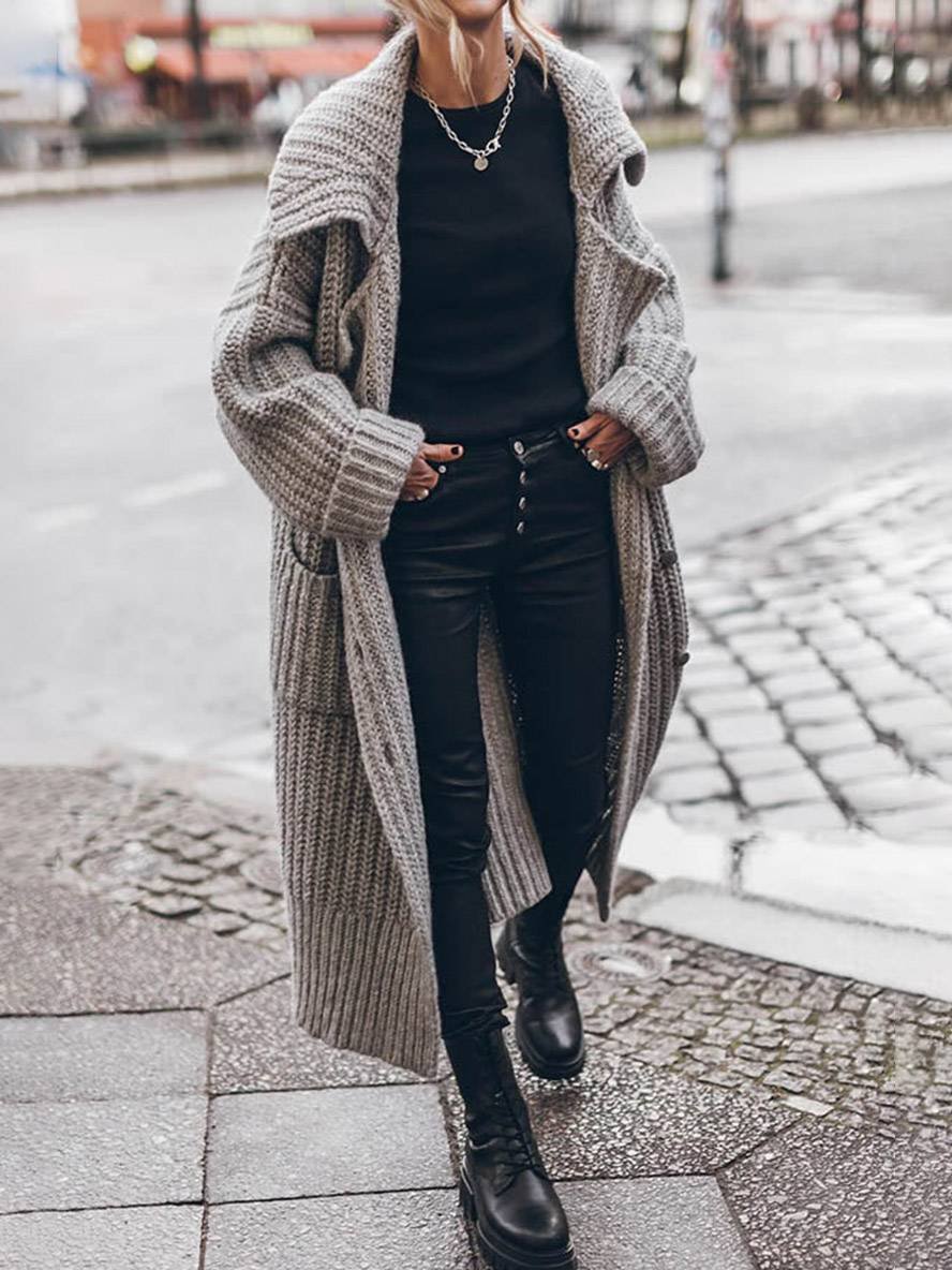 Oversized Chunky Rib-Knit Longline Lapel Cardigan for Women 1