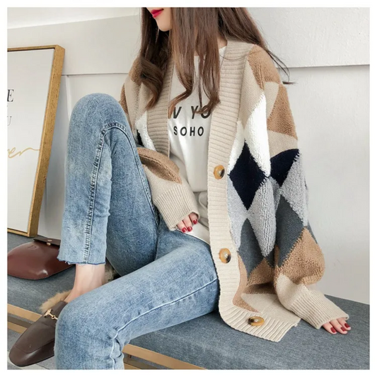 Oversized Printed Cardigan | Women's Soft V-Neck Knit 0