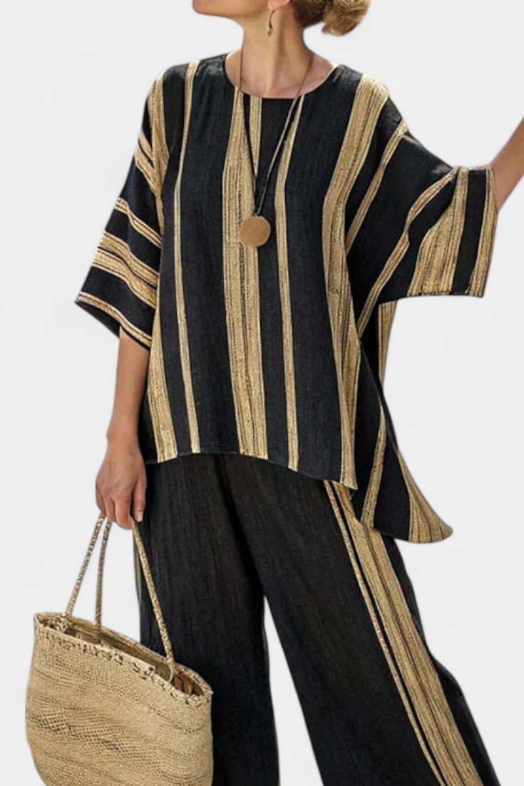 Oversized Striped Bamboo Linen Top & Relaxed Pants Set 0