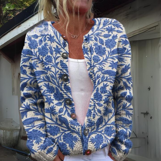 Printed Button Cardigan | Women's Long Sleeve Knit Sweater 0