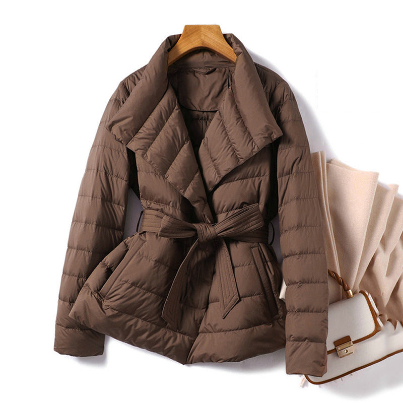 Quilted Down Jacket with Tie Belt and Structured Collar 0