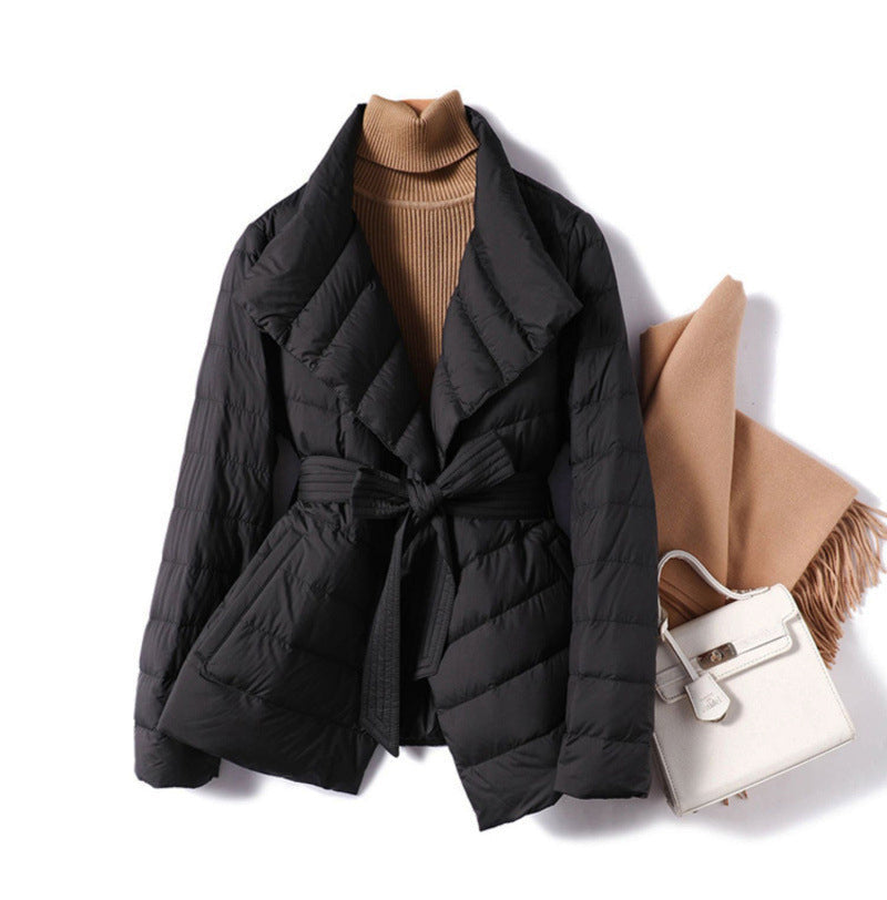 Quilted Down Jacket with Tie Belt and Structured Collar 1