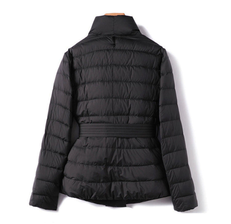 Quilted Down Jacket with Tie Belt and Structured Collar 2