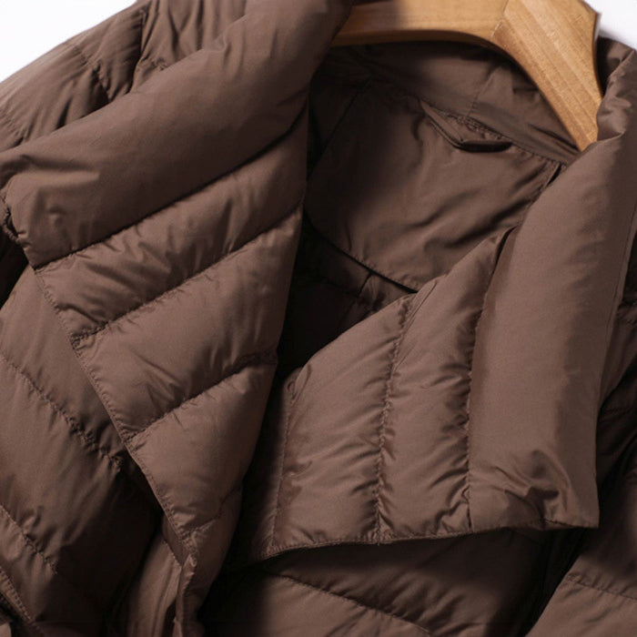Quilted Down Jacket with Tie Belt and Structured Collar 3