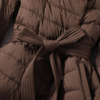 Quilted Down Jacket with Tie Belt and Structured Collar 4