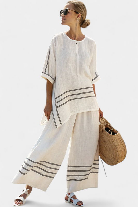 Striped Asymmetrical Top and Wide-Leg Pants Set 0