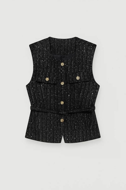 Textured Women's Waistcoat with Belt & Statement Buttons | Waistcoat 2