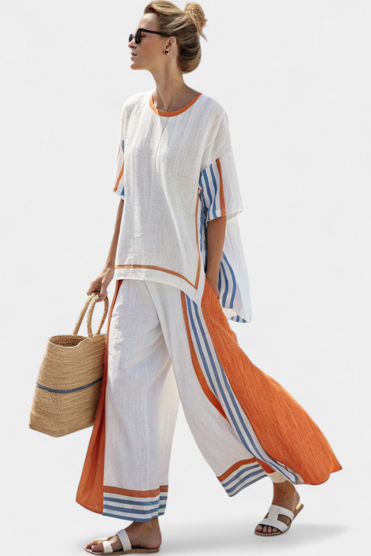 Thorneil | Wide-Leg Striped Bamboo Linen Pants and Top Set 0