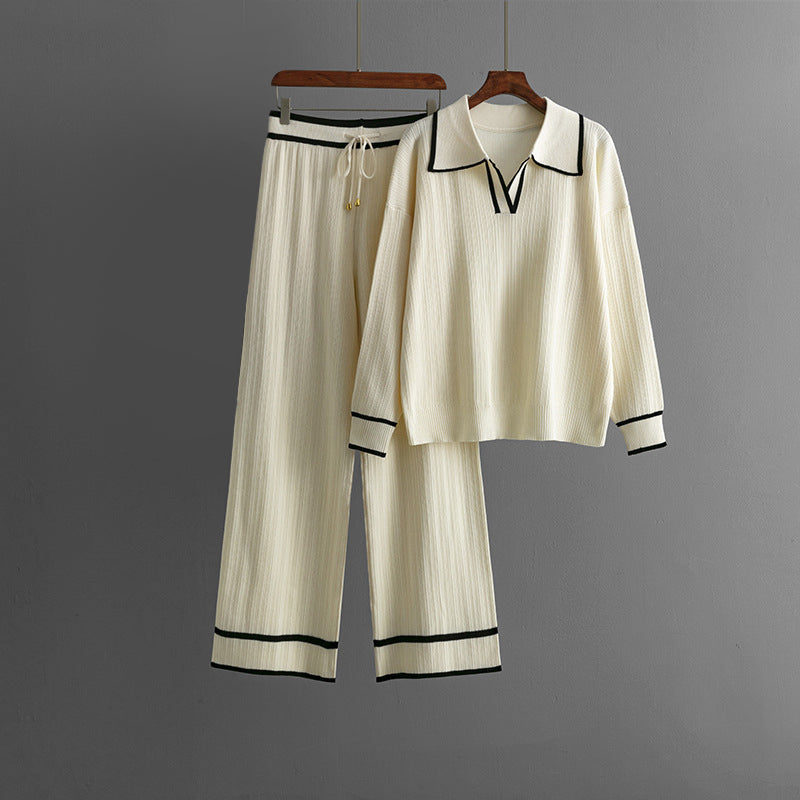 Urban Knit Set | Lapel Collar Sweater and Wide-Leg Pants 1