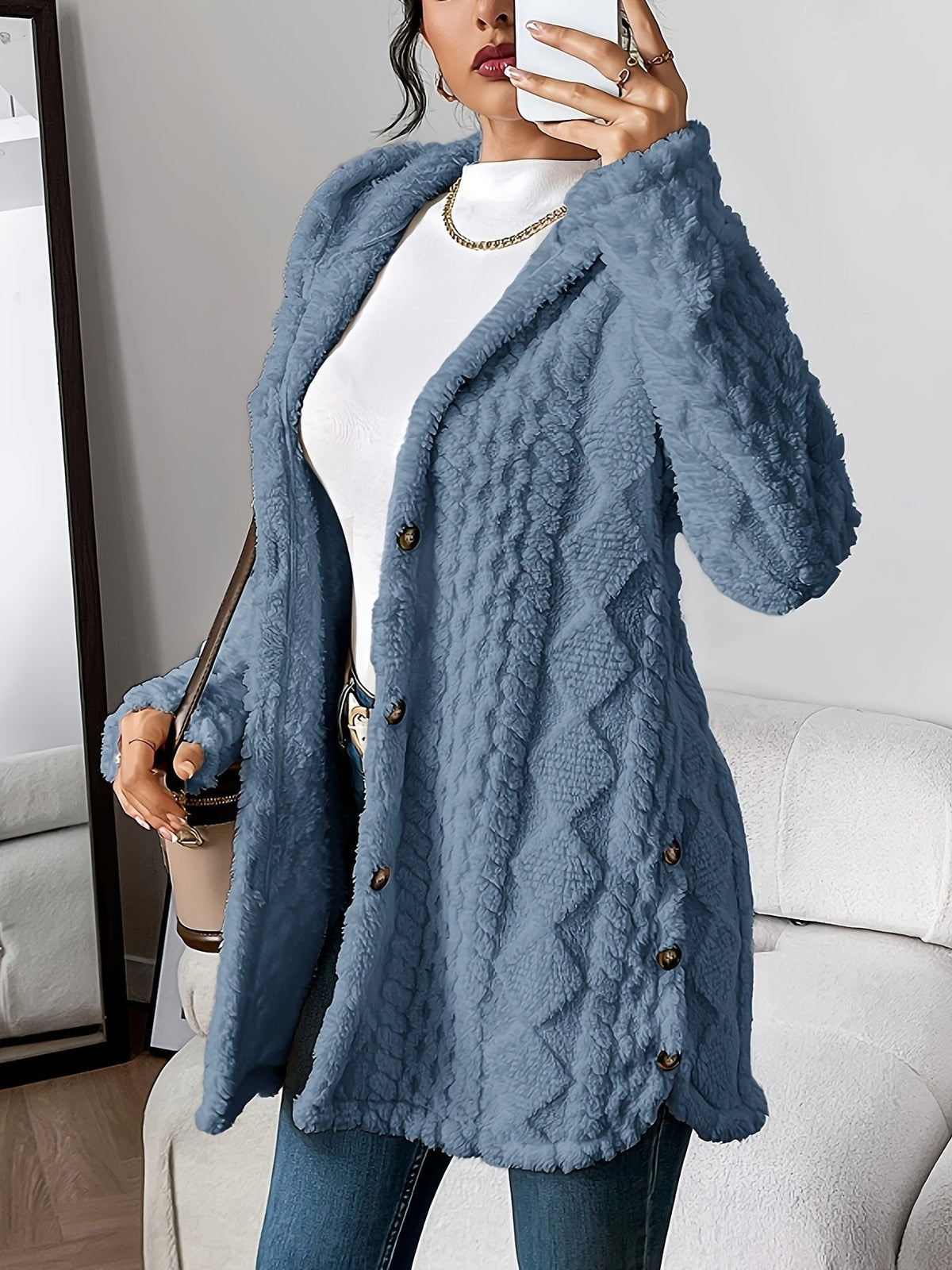 Women's Plush Hooded Button-Front Long Cardigan 2