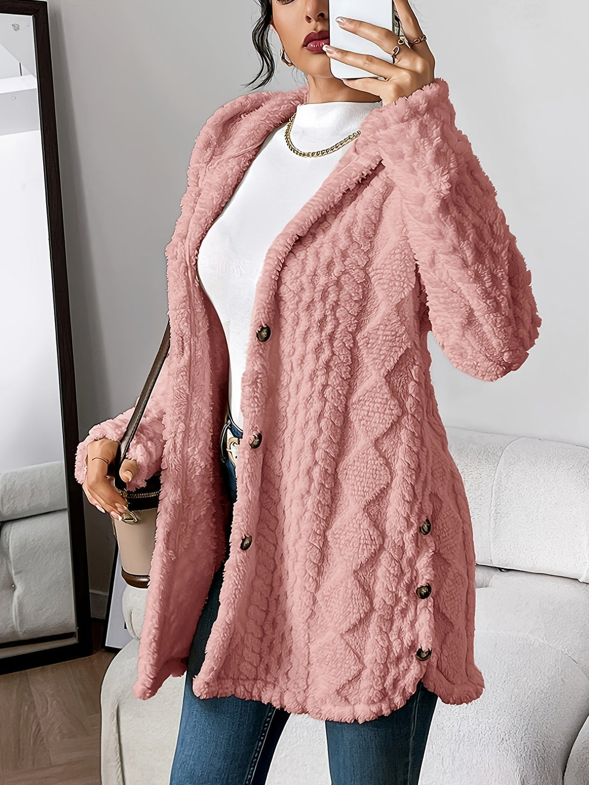 Women's Plush Hooded Button-Front Long Cardigan 7
