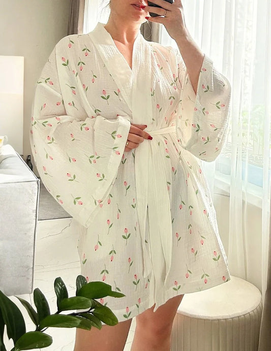 Women's Printed Cotton Robe with Tie Waist 0
