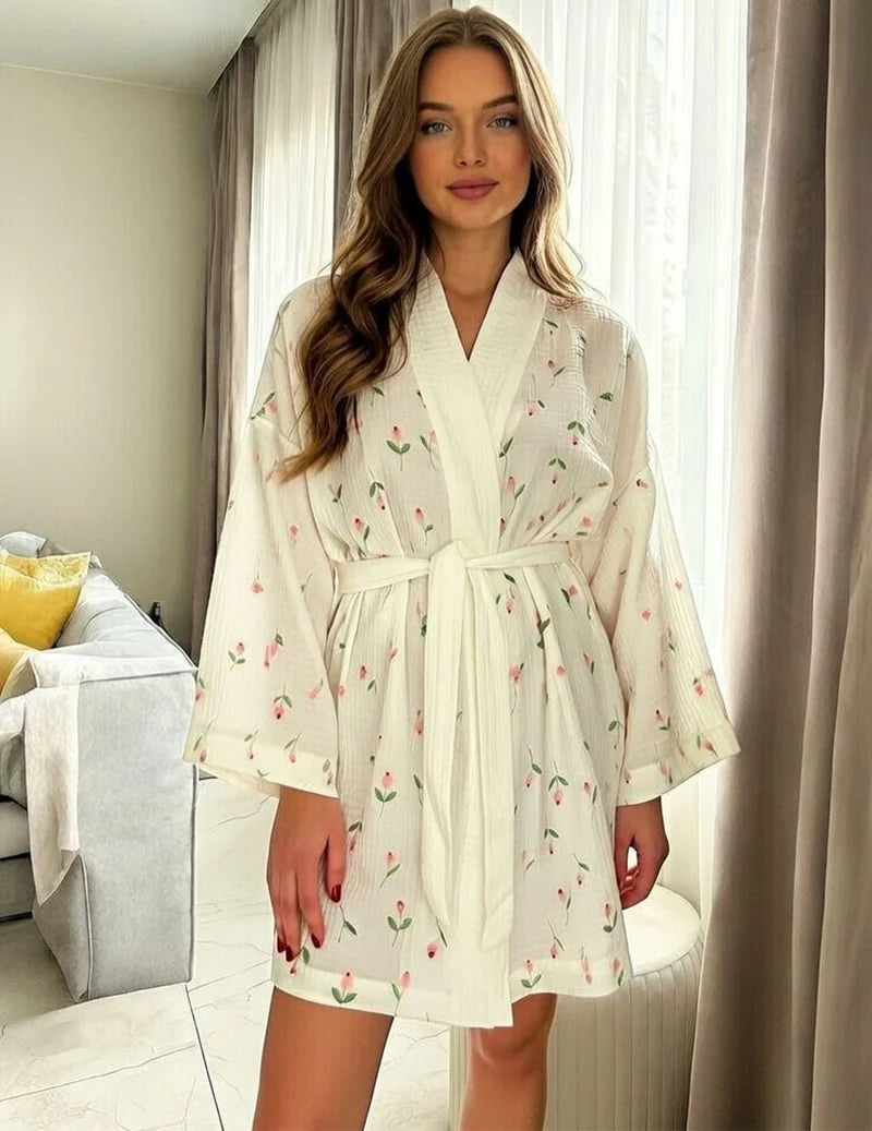 Women's Printed Cotton Robe with Tie Waist 1