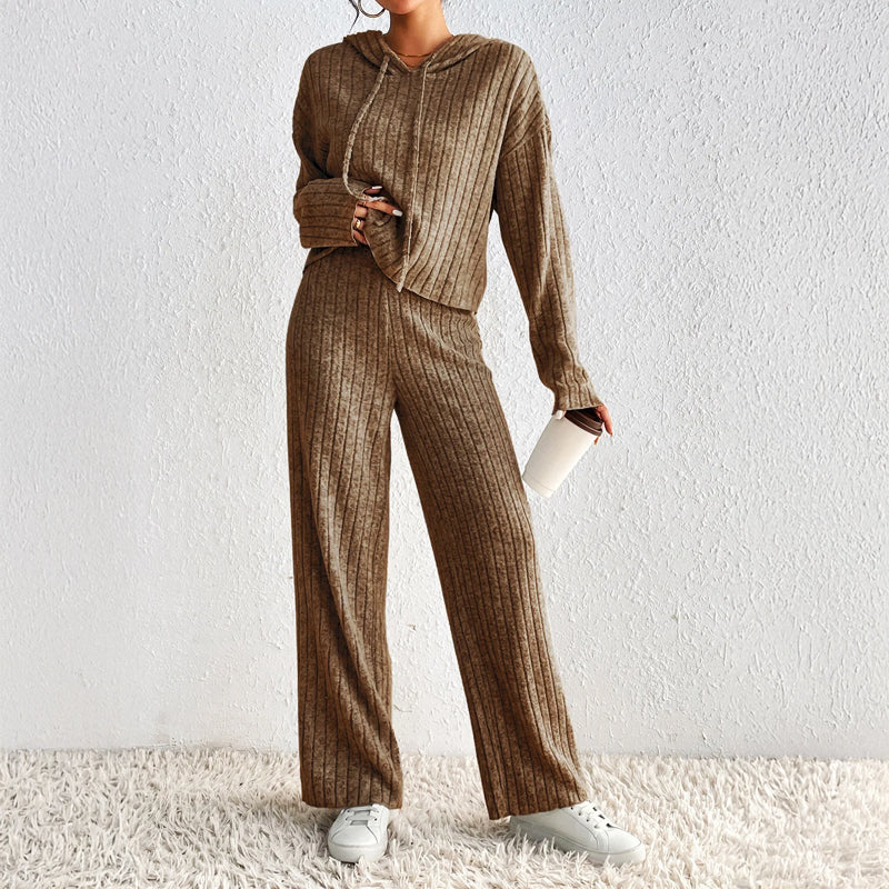 Women's Ribbed Knit Loungewear Set | Cropped Hoodie & Wide-Leg Pants 1