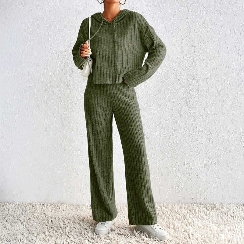 Women's Ribbed Knit Loungewear Set | Cropped Hoodie & Wide-Leg Pants 2
