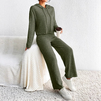Women's Ribbed Knit Loungewear Set | Cropped Hoodie & Wide-Leg Pants 3