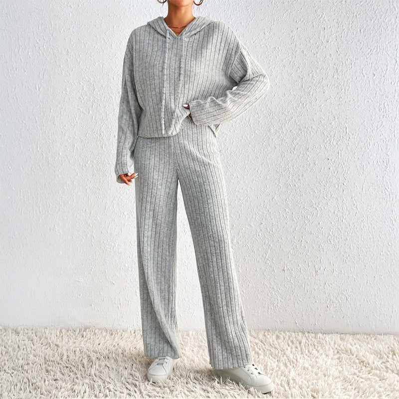 Women's Ribbed Knit Loungewear Set | Cropped Hoodie & Wide-Leg Pants 4