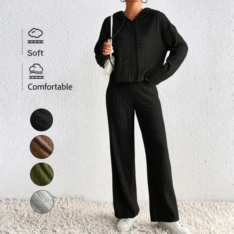 Women's Ribbed Knit Loungewear Set | Cropped Hoodie & Wide-Leg Pants 5