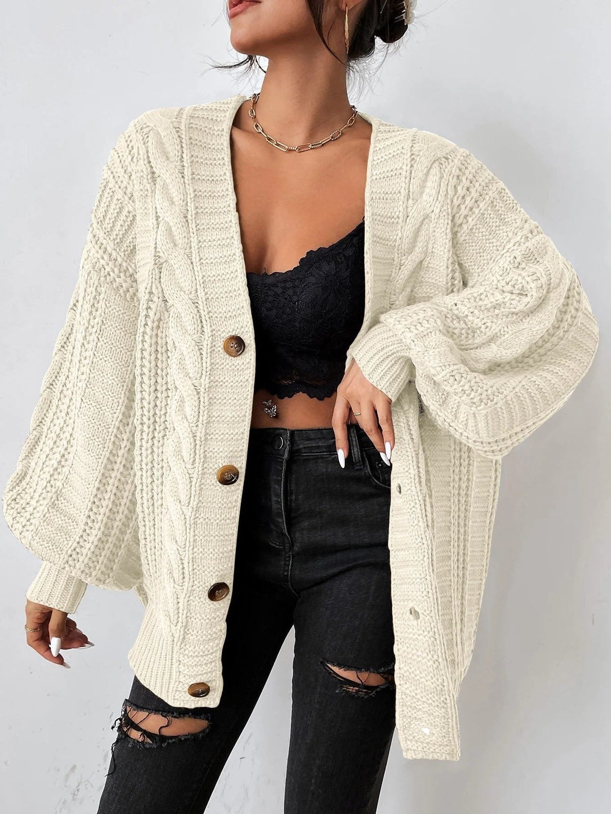 Zaina | Oversized Cable Knit Button-Down Cardigan for Women 2