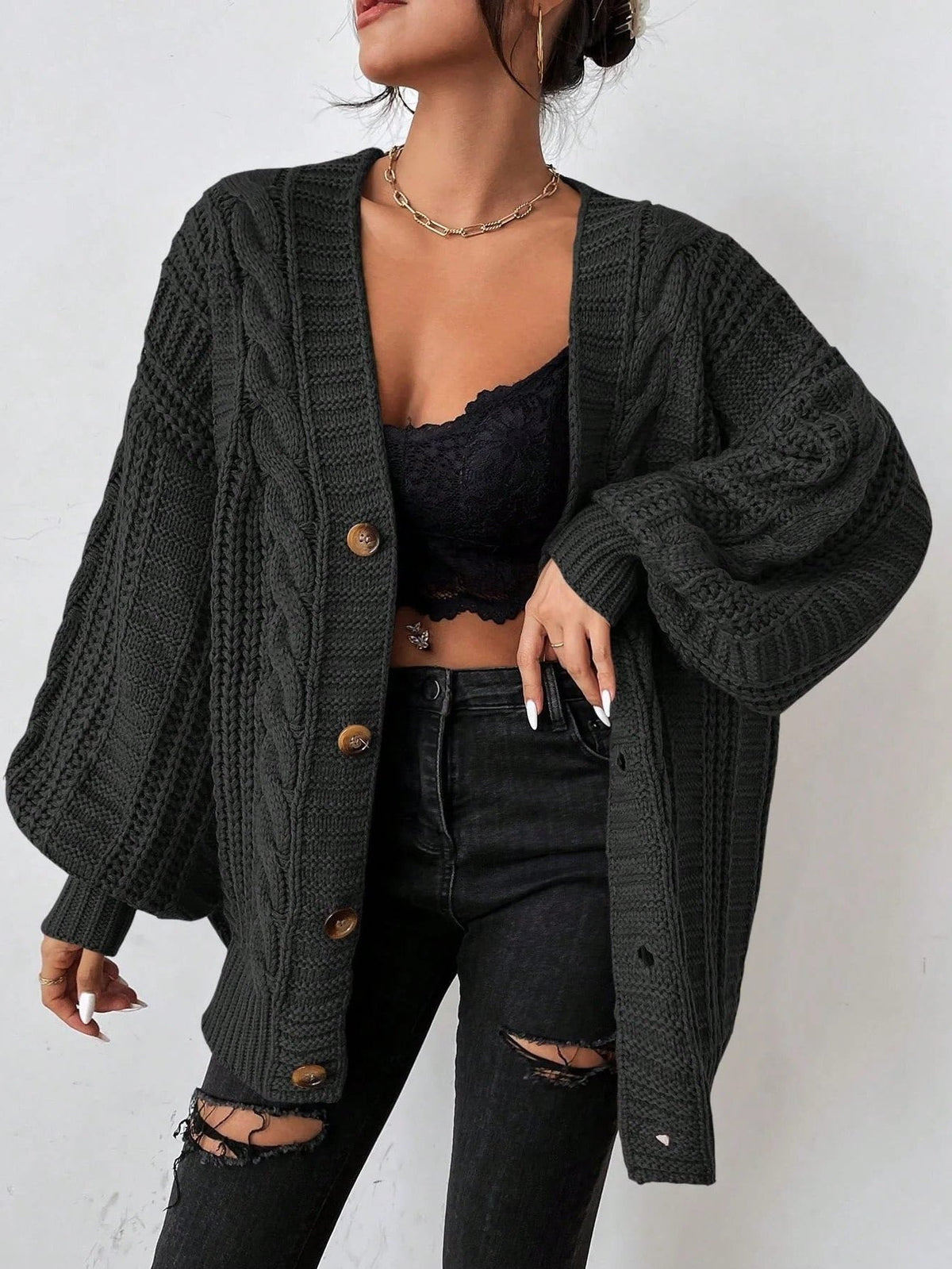 Zaina | Oversized Cable Knit Button-Down Cardigan for Women 3