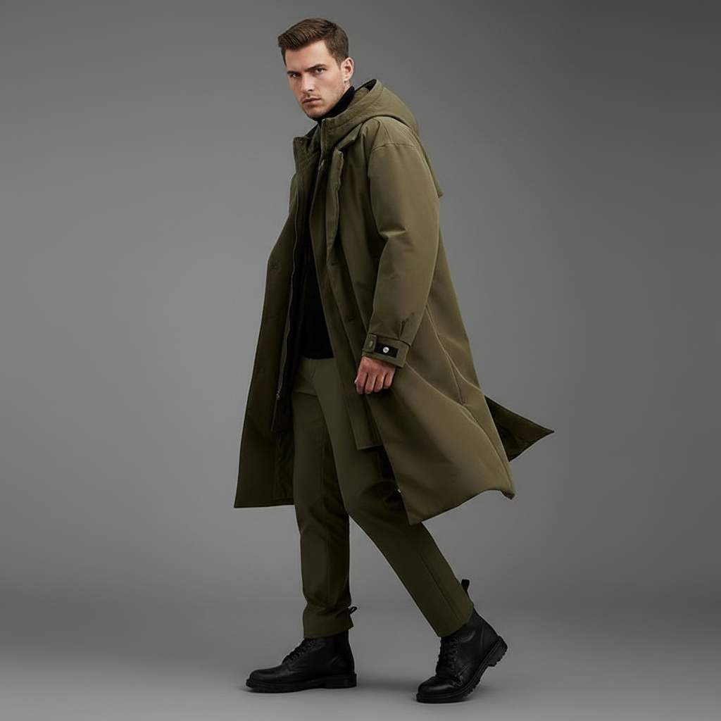 Men's Waterproof Puffer Trench Coat | Long Hooded Jacket