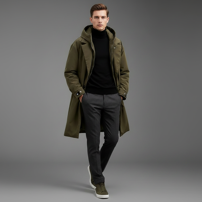 Men's Waterproof Puffer Trench Coat | Long Hooded Jacket